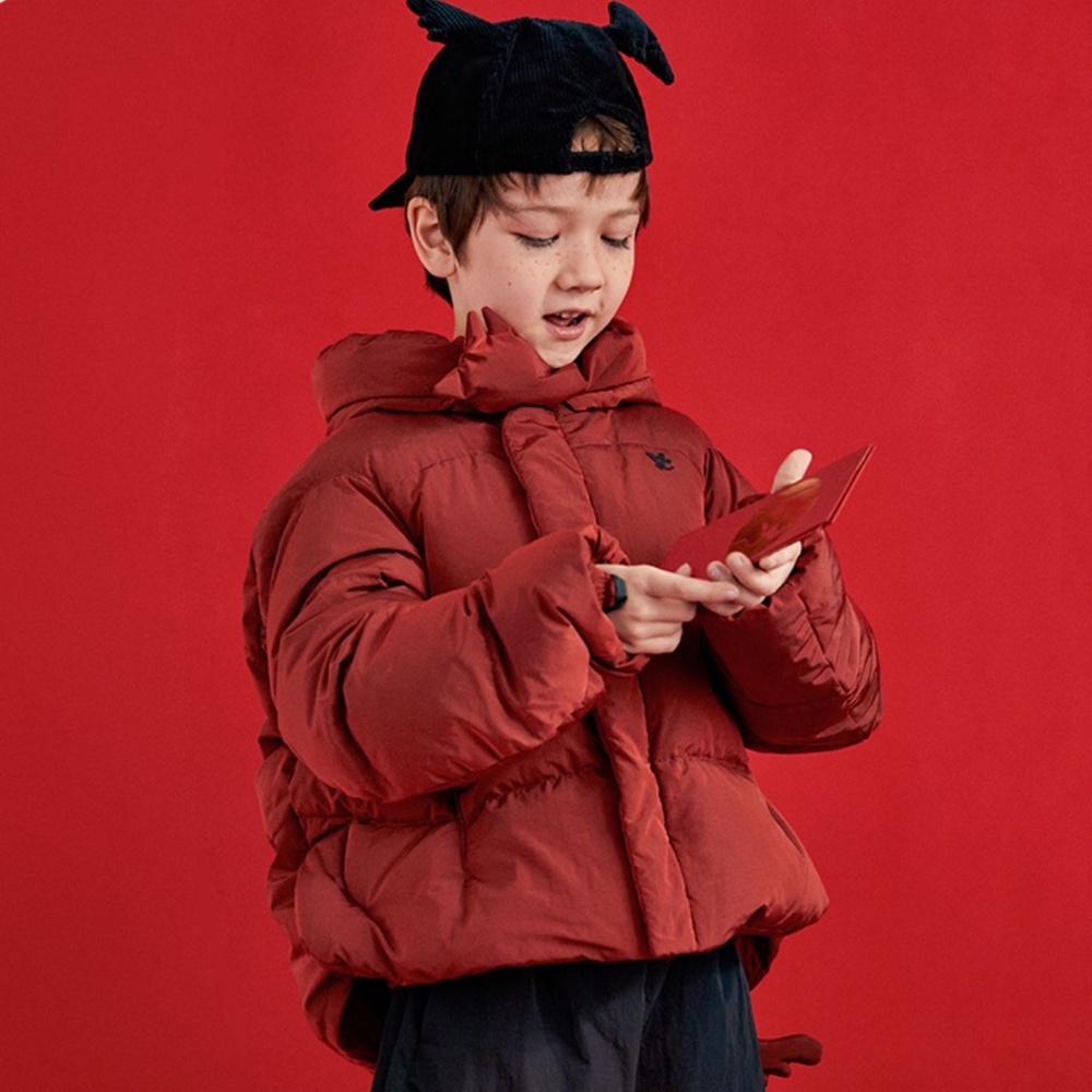 Private label kids red down jacket 6/7Y=130cm